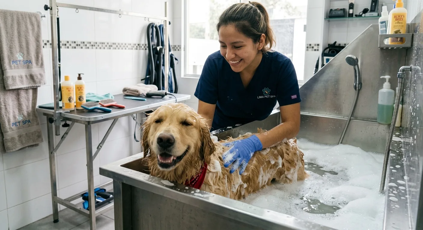 Fotografía hiperrealista de un perro bañándose en un servicio de baño canino